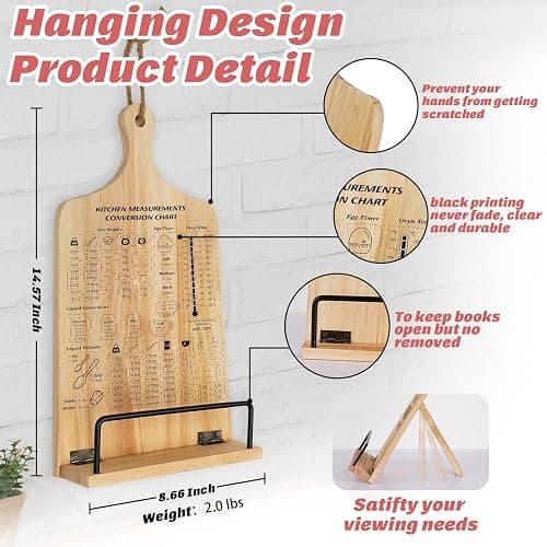 Kitchen Conversion Chart Cookbook Stand, Sturdy Wood Cook Book Holder, Recipe Cookbook Holder Stand with Kitchen Counters, Baking Christmas Gifts for Women, Accessiores for Holding Cookbooks thumbnail 2