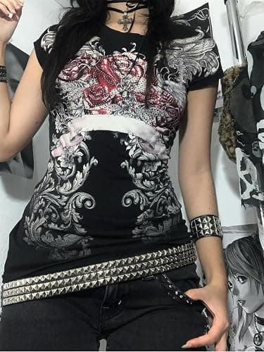 VnimVinter Grunge Shirt 2000s Clothing Teen Girls Women Vintage Graphic Y2k Short Sleeve Goth Tee Emo Clothes Streetwear thumbnail 2
