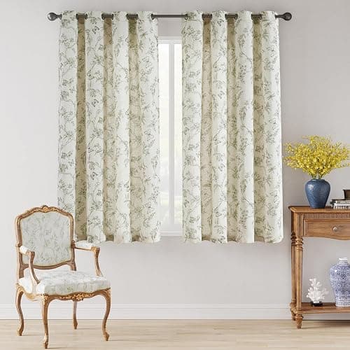 Lazzzy Linen Farmhouse Curtains Green Floral Curtains 63 Inch Length Drapes for Living Room Bedroom Pattern Light Filtering Country Vintage Curtain Grommet Top, 2 Panels, Green on Beige thumbnail 2