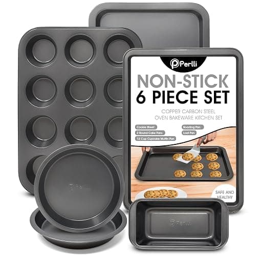 PERLLI Non-Stick 6-Piece Bakeware Set – Carbon Steel with Even Heat Distribution, Oven Safe to 446°F, BPA-Free, Dishwasher Safe, Stackable Baking Tools for Easy Storage and Everyday Cooking - Gray - Image 1