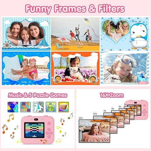 Kids Instant Print Selfie Camera for Girls,1080P HD Digital Camera for Kids with Print Paper & 32GB Card, Christmas Birthday Gifts Kids Toys for 3-12 Years Old (Pink) thumbnail 3