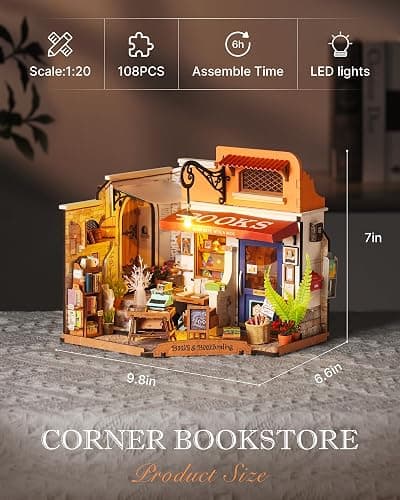 Rolife DIY Miniature House Kit 1:20 Scale Bookstore, Build Mini House Building Kit with LED Lights Craft Kits for Aduls Gifts for Him Her thumbnail 3