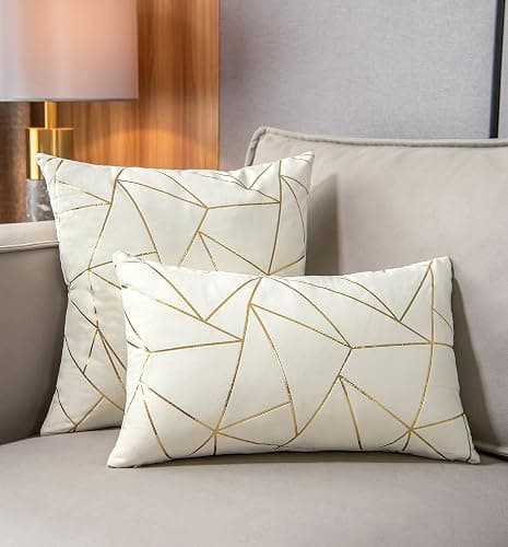 YONGLIU Pack of 2 Velvet Lumbar Throw Pillow Covers Velvet Decorative Soft Gold Foil Geometric Pattern Cute Cushion Case for Modern Homes Sofa Couch Bedroom Living Room Car (White and Gold, 12“X20”) thumbnail 4