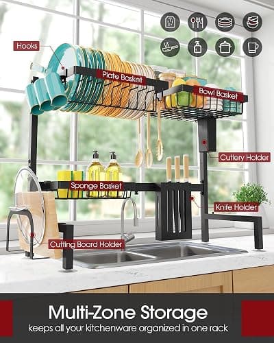 Sakugi Over The Sink Dish Drying Rack - Adjustable 2 Tier Large Capacity Stainless Steel Drainer with Cutlery & Utensil Holders, Kitchen Storage & Organization, 30"-33.9" L x 11" W x 21.5" H, Black thumbnail 3