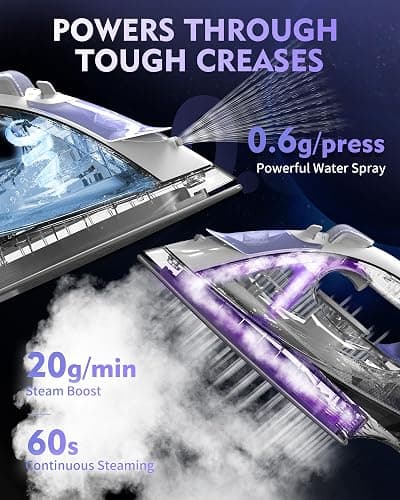 OMAIGA Cordless Iron for Clothes, 1550W 2-In-1 Cordless/Corded Steam Iron Rapid Heating, Ceramic Soleplate, 3-Way Auto-Off, Self-Cleaning, 12.85oz Water Tank Ironing Clothes for Home, Purple thumbnail 5