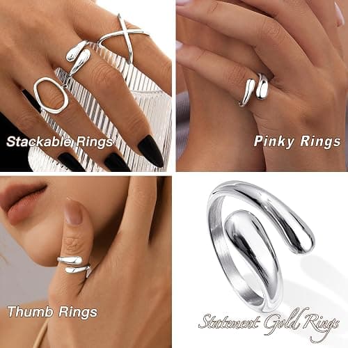 Non Tarnish Gold Chunky Rings for Women, 14K Gold Plated Statement Dome Rings Stacking Silver, Adjustable Mens Eternity Wedding Band Mixed Metal Jewelry Size 3-13 thumbnail 9