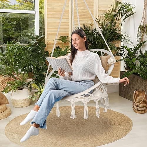 Saturnpower Hammock Chair Macrame Swing, Bohemian Style Round Hanging Chair, Handmade Knitted Cotton Rope Hammock Swing Chair for Indoor/Outdoor Home Bedroom Yard Garden Patio, Max 260Lbs, Beige thumbnail 5