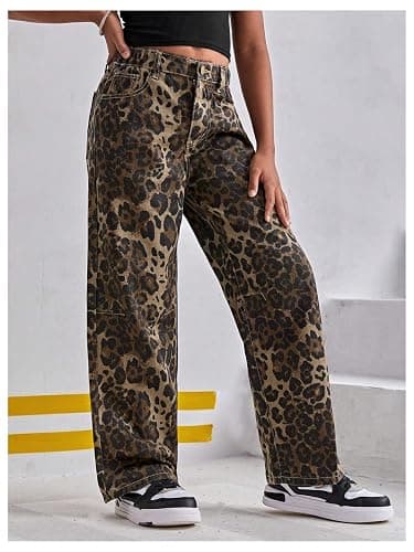 Floerns Girl's Leopard Jeans Mid Waist Straight Leg Y2k Grunge Denim Pants thumbnail 4