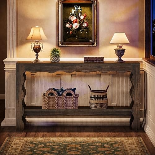 Tribesigns 63 Inch Entryway Table, Modern Rustic Entry Table with Scalloped Edge & Storage Shelf, Accent Narrow Long Sofa Table Behind Couch Console Tables for Entryway, Living Room, Dark Brown thumbnail 6