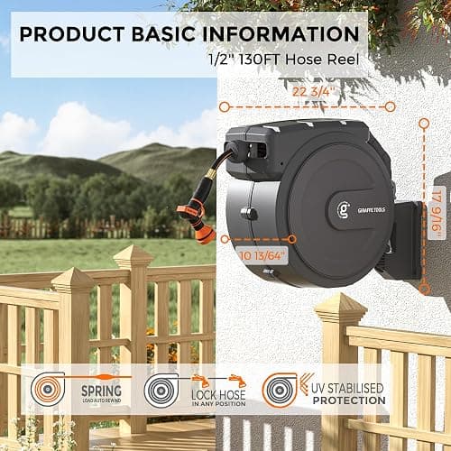 Giraffe Tools Retractable Garden Hose Reel 1/2 Inch x 130 ft, Super Heavy Duty, Any Length Lock, Slow Return System, Wall Mounted and 180 Deg Swivel Bracket thumbnail 7