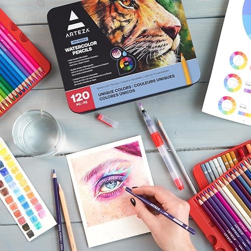 ARTEZA Watercolor Pencils Set of 120 Water-Soluble Colored Pencils for Blending, Layering, Painting, Lightfast Pigments with Soft Cores in Tin Case, Art Supplies for Adults, Artists, Holiday Gift Set thumbnail 2
