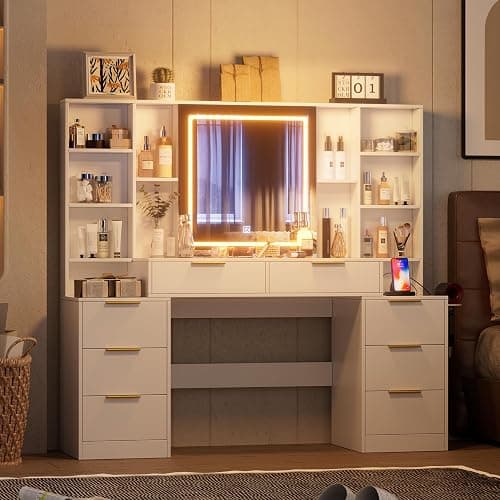 FURNJOYLIFE White Makeup Vanity Desk with Lighted Mirror & Power Outlet,3 Color Modes, Brightness Adjustable,Vanity Table with Drawer,Sliding 2 Storage Wall-Mounted Jewelry (Pure White) thumbnail 4