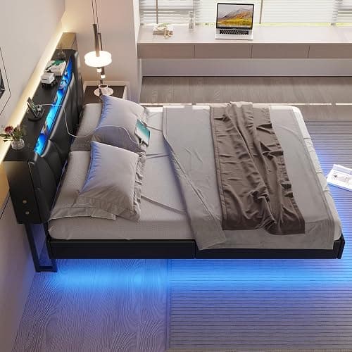 DICTAC Full Size Floating Bed Frame with led Lights & Storage Headboard Full Led Visual Floating Bed with Outlets Faux Leather Upholstered Platform Bed with Hidden Storage,No Box Spring Needed,Black thumbnail 9