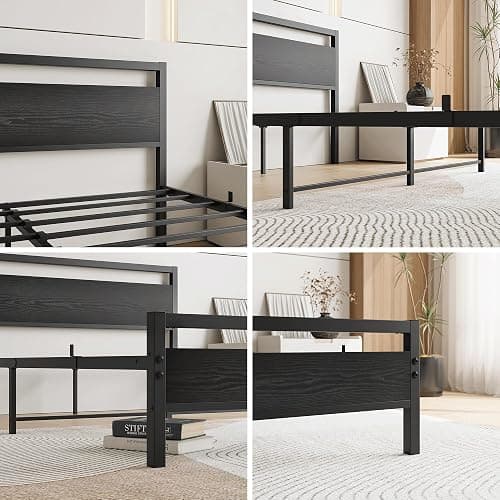 HOJINLINERO Queen Bed Frame with Wood Headboard,Metal Platform Bed Frame Queen Size with Storage No Box Spring Needed,Heavy Duty Queen Size Bed Frame Metal Slats Support Mattress Base No Noise,Black thumbnail 5