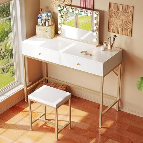 SUPERJARE 35.4" White and Gold Desk with 2 Drawers, Modern Makeup Vanity with Padded Stool, Small Computer Desk Home Office Desk for Writing Study Bedroom thumbnail 2