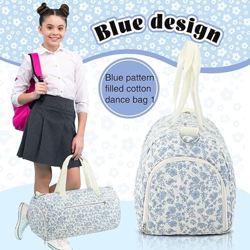 Dansydaisy Blue Floral Quilted Duffle Bag for Women Cotton Large Floral Travel Duffle Dance Bag with Adjustable Carry Strap and Handy Pouch Backpack for Dancers Travel thumbnail 6