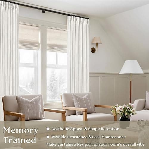 TWODRAPES Beige White Pinch Pleated Linen Curtains 2 Panels 100 Inches Long | Memory Training Shaped, Semi Sheer Pleat Drapes with Hooks Rings, Light Filtering Curtains 40x100 for Living Room Bedroom thumbnail 2