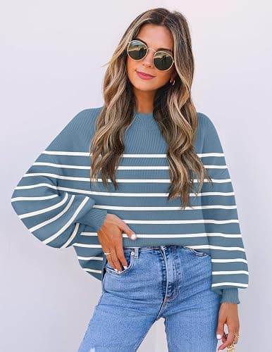 ZESICA Women's 2025 Fall Fashion Turtleneck Long Sleeve Striped Ribbed Knit Loose Pullover Sweater Tops thumbnail 4