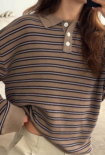 Oversized Striped Sweater for Women Collared Long Sleeve Preppy Polo Sweater Vintage Aesthetic Knitted Rugby Shirts thumbnail 6