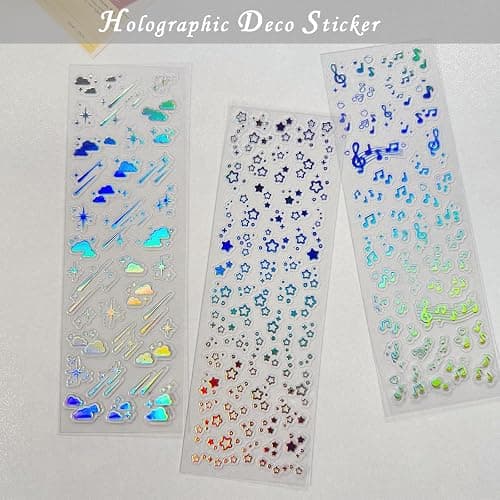 24 Sheets Holographic Kpop Deco Stickers Korean Stickers for Photocards Self Adhesive Clear Glitter Star Moon Butterfly Bubbles Decals for Album Scrapbook Journal Planner for DIY Decoration thumbnail 4