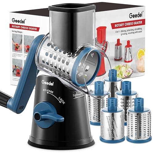 Geedel Rotary Cheese Grater Cheese Shredder - Upgraded 5-in-1 Cheese Grater with Handle and Strong Suction Base, Multi-purpose Vegetable Slicer Ice Shaver Nuts Grinder for Ice, Vegetables, Fruit, Nuts - Image 1