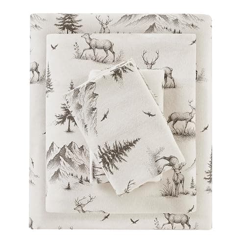 Woolrich Cotton Sheet Set Cottage Charms Print, 100% Cotton Flannel Sheets Warm & Fuzzy Bedding Set Queen Size Sheets, Fitted Pocket Fits Up to 14" Mattress, Queen Gray Deer Toile 4 Piece - Image 1