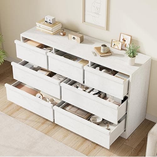 GarveeHome 7 Drawer Dresser for Bedroom, 54in Wide Antique White 7 Chest of Drawers with Large Storage, Wooden Dresser Organizer for Living Room, Nursery, Entryway thumbnail 4