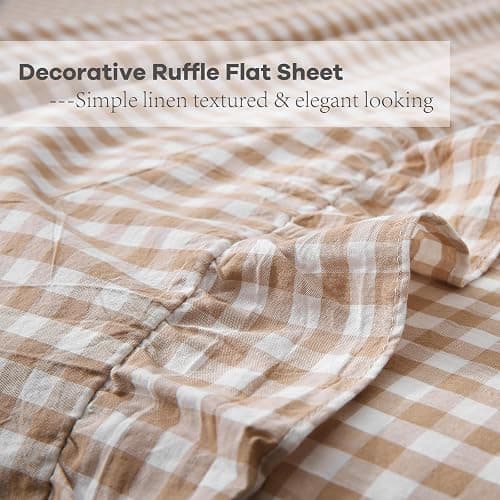 K MASANIJI Taupe White Plaid Ruffle Sheets Queen Size 4-Piece Set, 300TC 100% Yarn Dyed Washed Cotton Checker Sheets 18'' Deep Pocket Farmhouse Gingham Decorative Bedding（Taupe/White Plaid, Queen） thumbnail 3