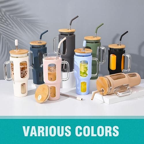 WINSA Glass Tumbler with Lid and Straw, 46 oz Iced Coffee Cup with Handle, Large Water Bottles with Silicone Sleeve, Glass Cup with Straws - Pearl Straw & Drinking Straw BPA Free-White thumbnail 7