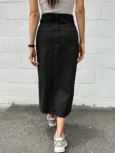 Womens Casual Slit Denim Midi Jean Skirt Stretch High Waist Frayed Button Up with Pockets thumbnail 5