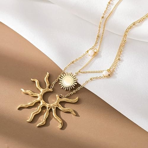 Xeyai Gold Necklace for Women, Dainty 14K Gold Plated Layered Sun Pendant Necklace Gold Charm Chocker Jewelry Gift for Her thumbnail 2