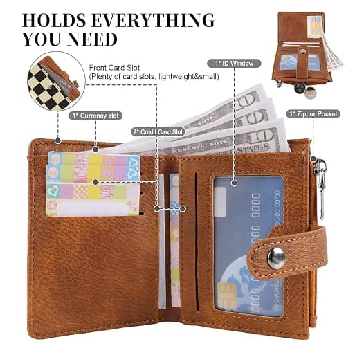 MAIITRIP Small Checkered Wallet for Women,RFID Blocking PU Leather Bifold Wallet,Cute Compact Credit Card Holder Purse with 8 Card Slots,ID Window and Coin Pocket(brown) thumbnail 3