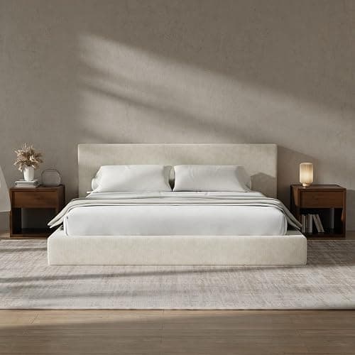RECCI Cloud Upholstered King Bed Frame with Headboard, 5 Inch Foam Padded Platform, No Box Spring, Easy Assembly (Cream) - Image 1