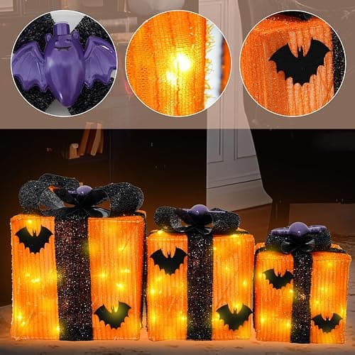 Caxchiling Halloween Lighted Gifts Boxes 3 Pak Gift Boxes with 52 Led Lights Bats Battery Operated Timer Light Up Boxes Decorations for Indoor Home Porch Party Yard - Top bat decor thumbnail 4