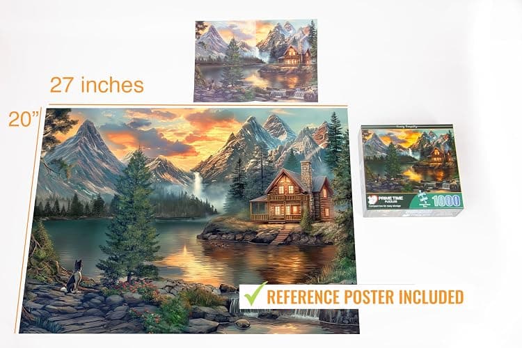 Prime Time Puzzles Adult Jigsaw Puzzle 1000 Piece Mountain Cabin | Features a serene lake cabin scene, finishing at 20x27 inches. Great for game nights on a table, puzzleboard, or floor. thumbnail 2