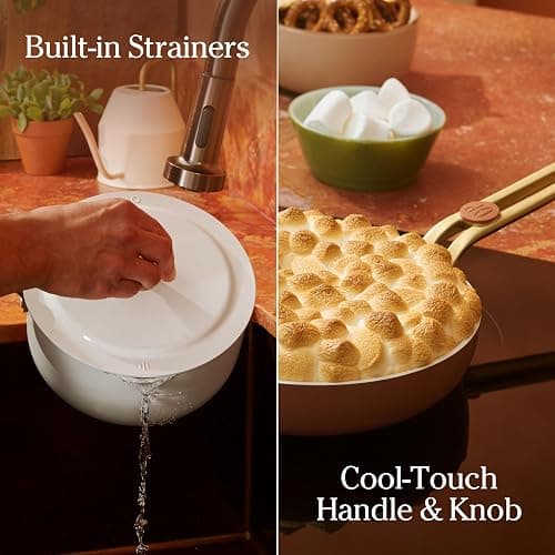 Our Place 8-Piece Essentials Complete Cookware Set - Ceramic Fry Pan Trio & Modular Rack Storage | Nontoxic Thermakind™ Nonstick, Oven Safe up to 450°F & Compatible with All Cooktops | Cream thumbnail 4