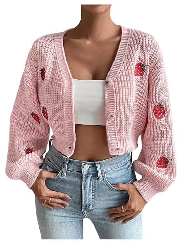 WDIRARA Women's Strawberry Embroidery Crop Cardigan Drop Shoulder Button Up Sweater Tops V Neck Outerwear thumbnail 6
