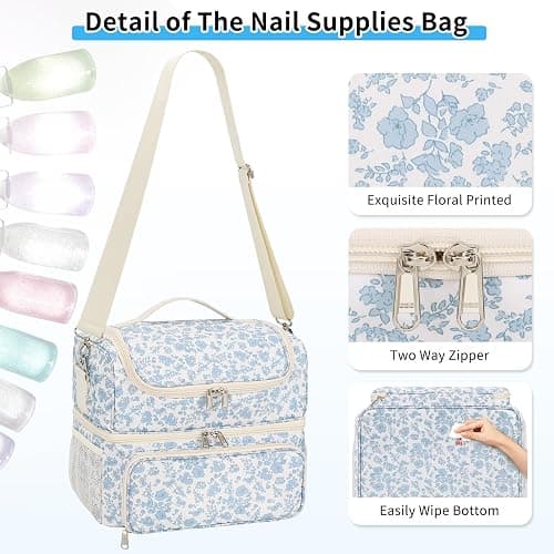CUBETASTIC Nail Polish Organizer & Storage Bag for 48 Bottles & Full-Size Lamp, Double-Layer Travel Case Box for Nail Supplies, Manicure Kit & Pedicure Tools (Blue Floral, 48 Slots) thumbnail 5