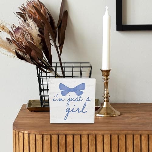 CUANFDDSF Trendy Blue Bow Coquette Room Decor Wooden Box Sign, Coquette Party Decor, Girls Room i’m Just a Girl Girly Bowknot Signs for Home Dorm Wall Desk Shelf Tabletop Decoration 5X5In thumbnail 5