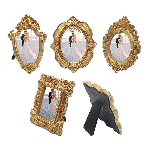 mozhixue 5 Pcs Mini Gold Frames - Small Gold Vintage Flower Oval Rectangle Baroque Frames Table Top Frame for Christmas Holiday Party Decor - Image 1