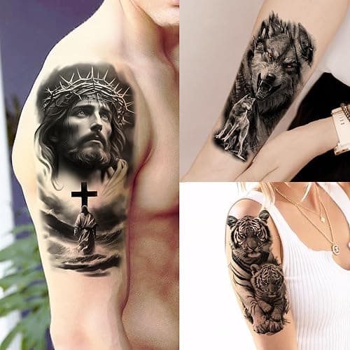 75 Sheets Skull Temporary Tattoos For Men Adults Forearm, Halloween Zeus God Lion Poseidon Half Arm Sleeve Tattoo For Women Jesus Christ Skeleton Dragon Owl, Realistic Fake Tattoo Stickers Wolf Tiger thumbnail 4