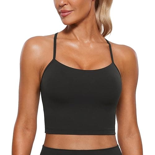 CRZ YOGA Womens Butterluxe Y Back Longline Sports Bras - Spaghetti Straps Racerback Padded Yoga Workout Crop Tank Top - X-Small - Black