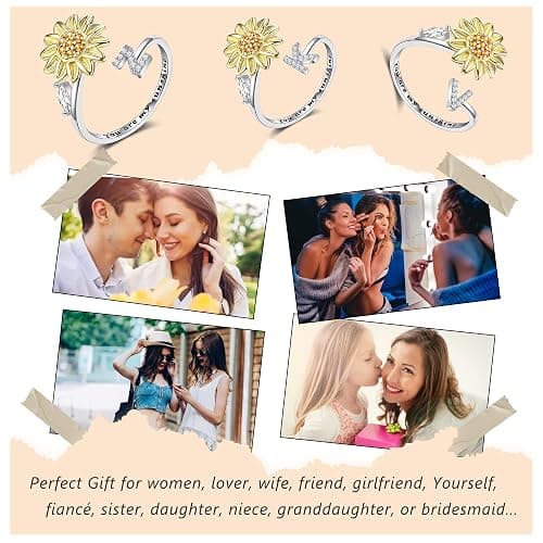 Fidget Rings for Anxiety for Women Sunflower Initial Letter Spinner Open Adjustable Ring CZ Daisy Stress Relieving Rings Jewelry Gift for Women Valentine's Day You are My Sunshine Ring thumbnail 5