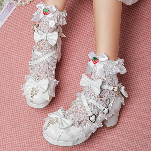 LUXMAX Women's Kawaii Shoes Cross Strap Pumps Cute Ankle Strap Mary Jane Shoes Wedding Lace Mid Chunky Heel Pumps thumbnail 6