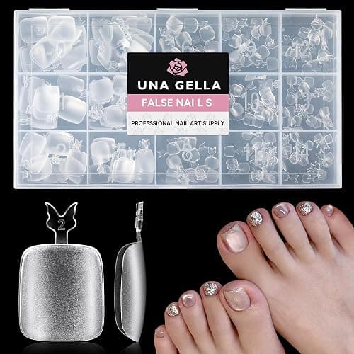 UNA GELLA Toe Nail Tips Full Cover, 216 Pcs Square Round Toe Nail Press Ons Clear Pre-Shape Gel Toe Nail Tips Double Matte Acrylic Fake Toenails Extensions DIY Home Nail Salon for Women, 15 Sizes - Image 1