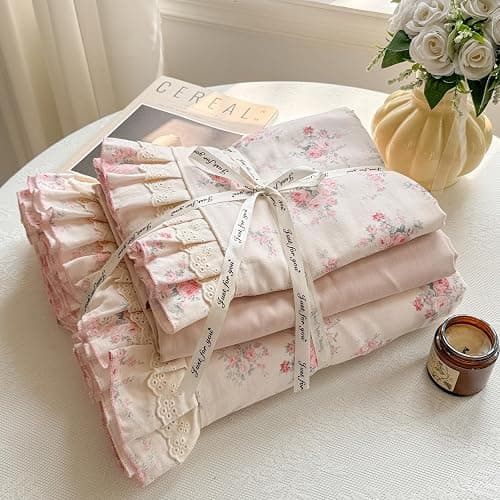 VM VOUGEMARKET Pink Rose Flower Duvet Cover Set Queen Romantic Lace Ruffled Bedding Set Soft Muslin Cotton,Breathable Linen Like Gauze Comforter Cover with Zipper Closure 90"x90" thumbnail 7