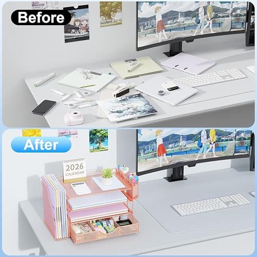 gianotter Desk Organizers and Accessories with File Holder, 4-Tier Desk Accessories & Workspace Organizers with Drawer and 2 Pen Holder, Paper Organizer for Office Supplies (Rose Gold) thumbnail 4