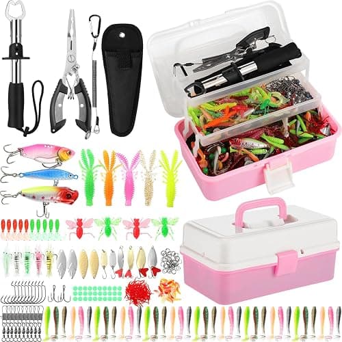 RoundFunny 3 Layers Fishing Tackle Box 414 Pcs Fishing Lures Kit with Tackle Included, Pliers, Lip Gripper, Soft Baits, Hooks & Accessories Bait Lure Gear Gift for Beginners Women Men(Pink) - Image 1