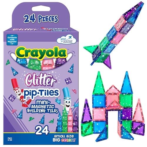 CreateOn Crayola Mini Magnetic PIP-Tiles, Building Set for Kids, Magnetic Building Toys for Kids, STEM Travel Toys for Boys and Girls Ages 3+, 24-Piece Set (Glitter) - Image 1