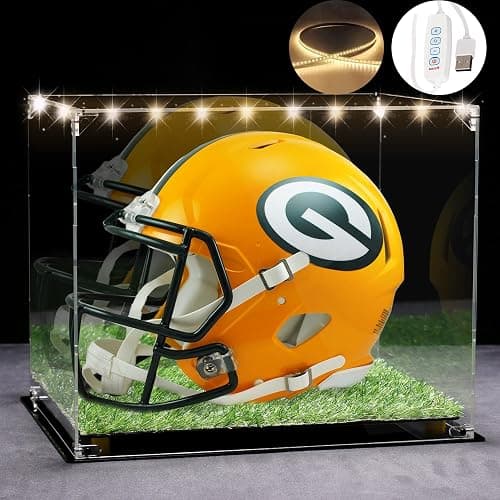 Full Size Football Helmet Display Case with 3-Modes LED Lights & Turf Base – Acrylic Showcase with Mirror Back, Gold Risers, UV Protection – Perfect for Sports Memorabilia & Collectibles - Image 1